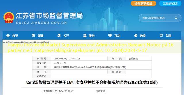Jiangsu Provincial Market Supervision and Administration Bureau’s Notice på 16 partier med matprøvetakingsinspeksjoner (nr. 10, 2024)